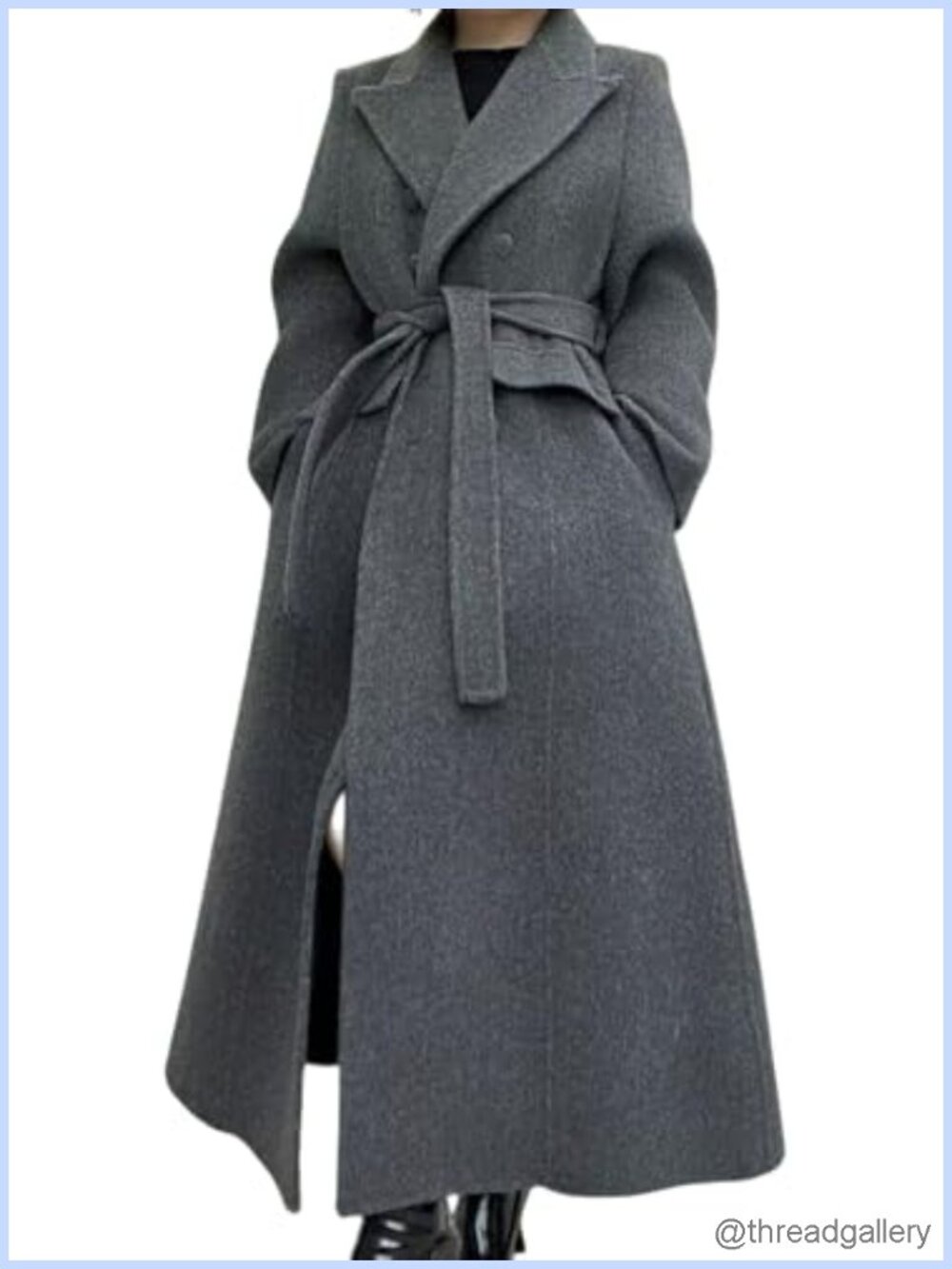 Wool Blend Long Pea Coat Double Breasted Belted Trench Overcoat